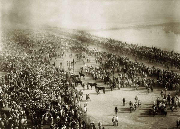 Kumbh Mela, Allahabad. Overhead view of the procession of fakirs, or Hindu holy men, at the Kumbh