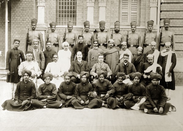 Bank of Bengal staff. Group portrait of European and Indian office staff, peons and guards,