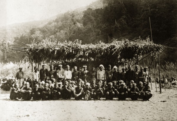 Chin tribesmen, Burma (Myanmar). Group portrait of Chin tribesmen from the Chin Hills. Several