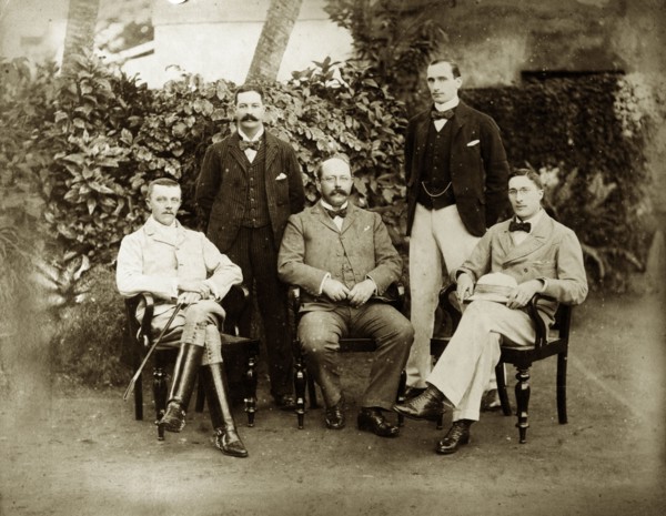 Victorian colonialists, Calcutta. Group portrait of five European men, including S.A.H. Sitwell, a