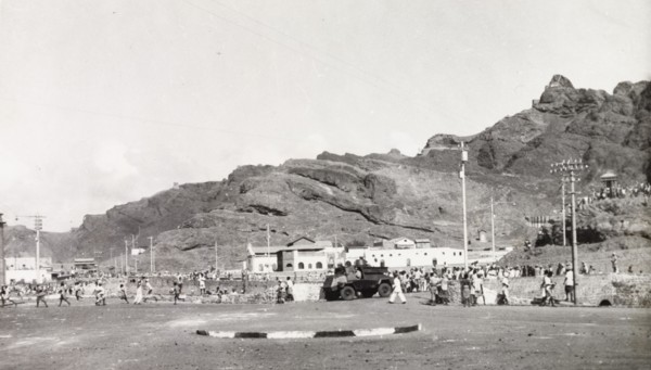 Patrols during the Arab riots in Aden, 1947. A light armoured vehicle patrols a street in Aden,