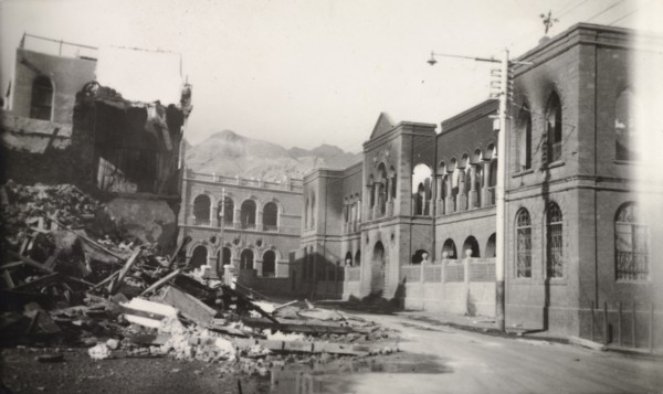 Street destroyed during Arab riots in Aden, 1947. View down a street in the Jewish quarter of Aden,