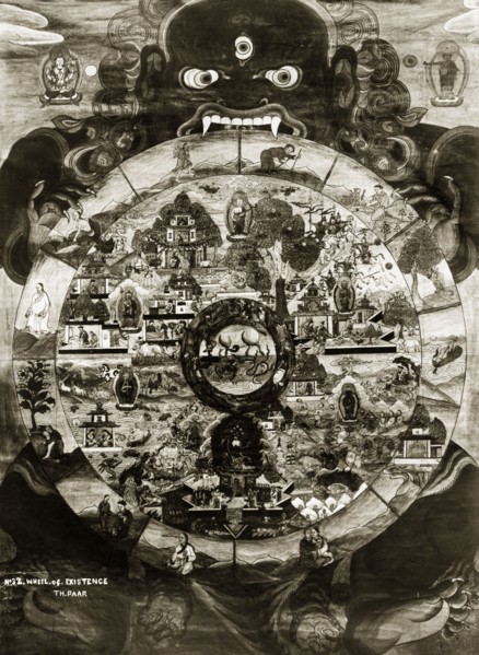 The wheel of existence'. Close-up shot of a 'wheel of existence' painting. In the dharmic religions