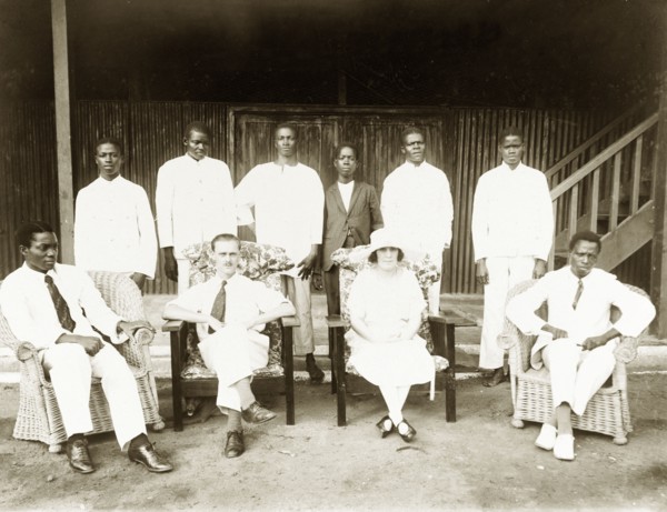The Baxendales with Miller Brothers' staff. Mr and Mrs Baxendale (centre) pose for the camera with