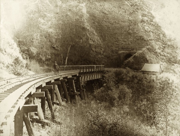 Railway bridge, Queensland. A man and young boy stand on a railway bridge cut into the side of a