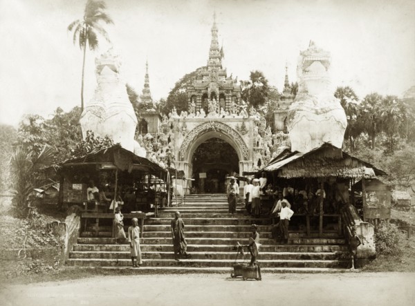 The Shwe Dagon Pagoda. Steps leading up to the main, southern entrance to the Buddist shrine of