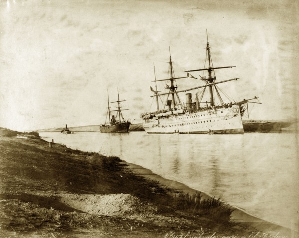 Troopships in the Suez Canal. HM troopship 'Euphrates' at El Ferdan in the Suez Canal. Suez, Egypt,