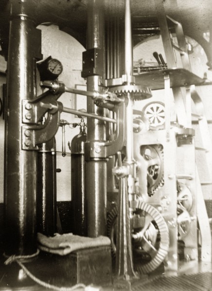 Inside Beacon Island lighthouse. Machinery inside the Beacon Island lighthouse. Burma (Myanmar),