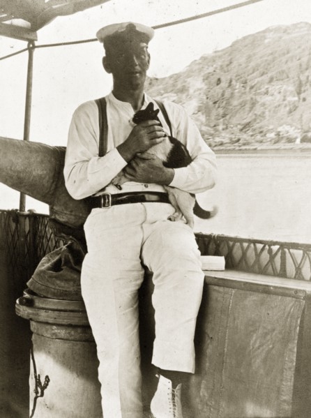 Gunner aboard 'Karanja'. Mr Harknet', a gunner aboard the armed launch boat 'Karanja', holds a