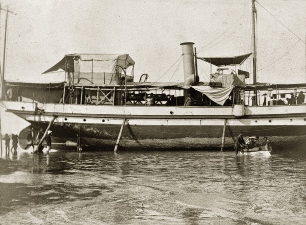 Armed launch 'Miner' awaits repairs. Armed launch boat 'Miner', a vessel belonging to the Persian