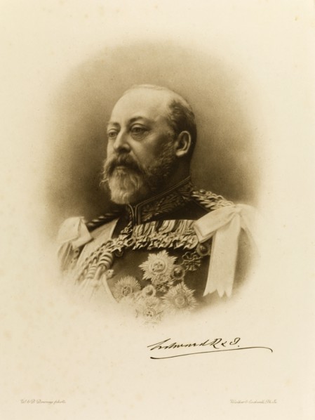 King Edward VII, circa 1902. Head and shoulders portrait of King Edward VII (1841-1910) of England.