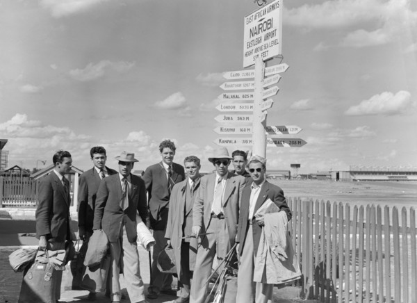 French athletics team. Members of a French athletics team pose beneath a signpost on their arrival
