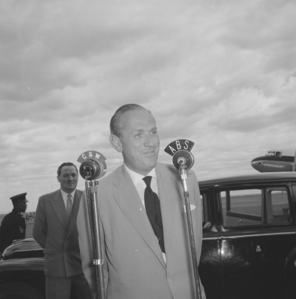 Lennox-Boyd's broadcast. Alan Tindal Lennox-Boyd (1904-1983) broadcasts a speech over microphones