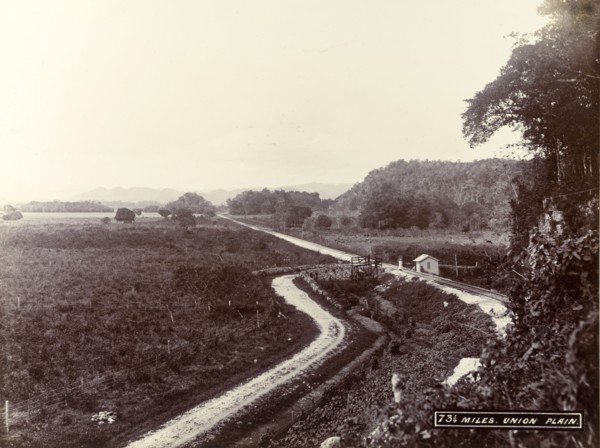 Railway track across Union Plain. A railway track stretches into the distance through cultivated