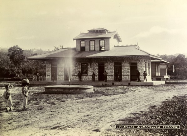 Montpelier railway station. A fountain brightens up the patch of rough ground outside Montpelier