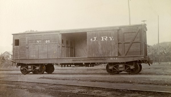 Jamaica Railway wagon. A railway wagon inscribed 'J. RY. No.46', sits on rails at a siding.