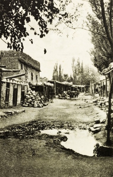 Skardu bazaar. Ramshackle buildings line the street at Skardu bazaar. Skardu, India (Pakistan),