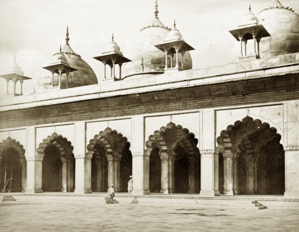 The Moti Masjid, Agra. View across a courtyard of the white marble Moti Masjid (Pearl Mosque),