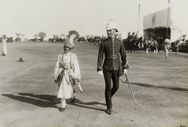 The Maharajah of Bharatpur. The Maharajah of Bharatpur accompanies a British officer across open