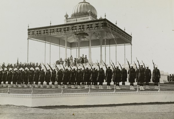 The Coronation Durbar, 1911. King George V (r.1910-36) and Queen Mary sit enthroned beneath the