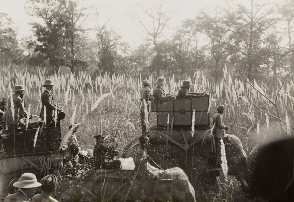 A royal hunt in the evening sunlight. King George V (r.1910-36) and his royal hunting party trek