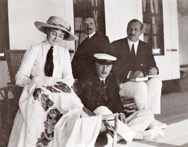 Princess Patricia on the S.S. Balmoral. Accompanied by three men from the royal entourage, Princess