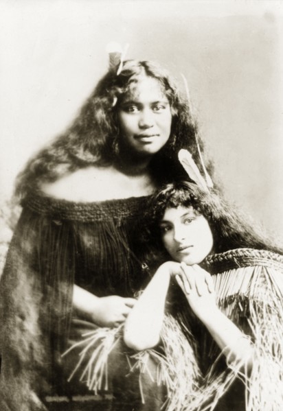 Two Maori women. Studio portrait of two young Maori women whose traditional dress has been made