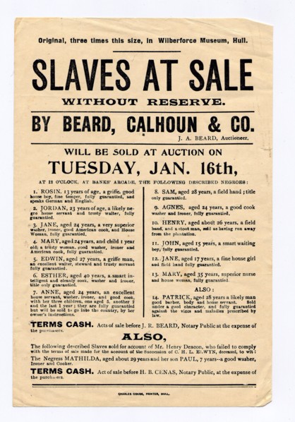 US slave sale poster. Poster advertising the public auction of 14 slaves. United States of America,