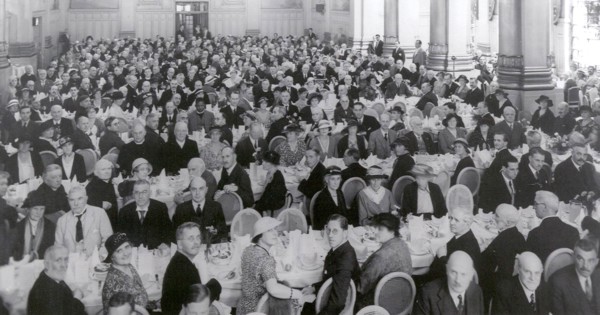 Anti-slavery fundraising dinner. English anti-slavery campaigners pack out a dining hall for a