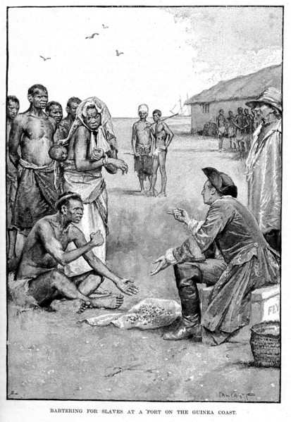 Bartering for slaves. A book illustration depicts European and African slave traders bartering for