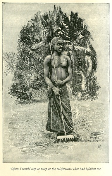 Portrait of a weeping slave. A book illustration depicts a weeping slave, at work raking the land.