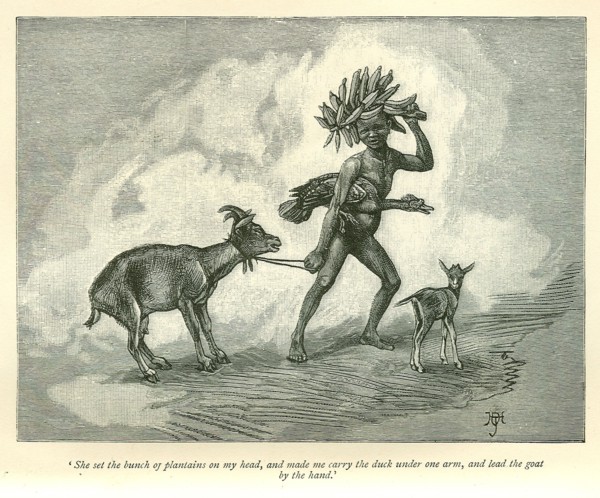 Sudanese slave boy. A book illustration depicts a young slave at work. A printed caption beneath