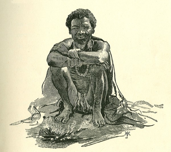 Portrait of a Sudanese slave. Illustration of a Sudanese slave, squatting on the ground beside by a