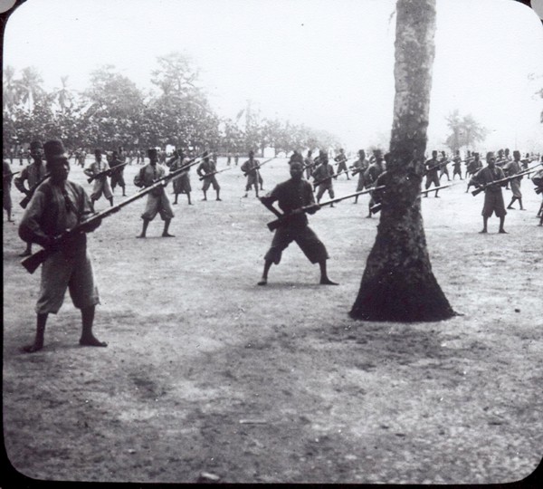 The Congo Public Force. African soldiers in the Force Publique (Congo Public Force) practice a