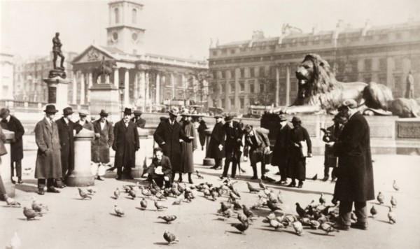 Feeding the pigeons. A crowd of people feed the pigeons in Trafalgar Square. London, England, circa
