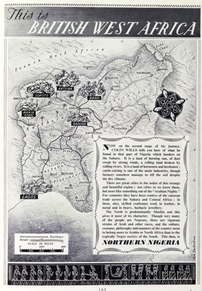British map of Nigeria, 1952. A page taken from the 1952 'Empire Youth Album', entitled 'This is