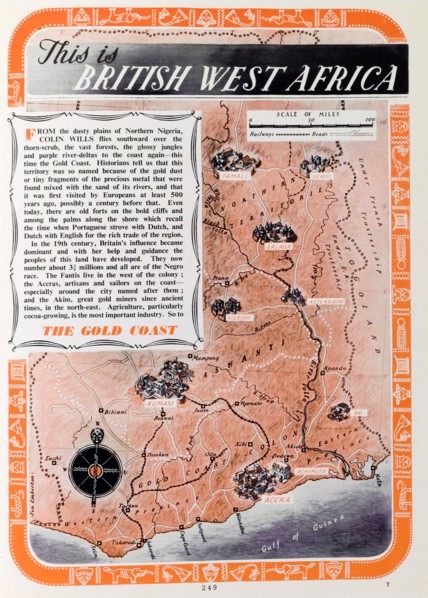 British map of the Gold Coast, 1952. A page taken from the 1952 'Empire Youth Album', entitled