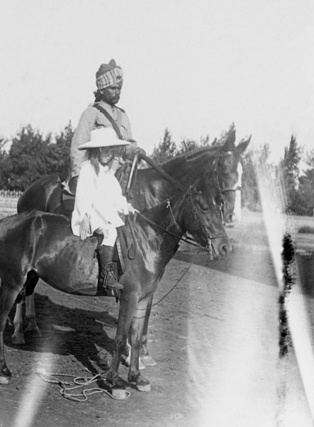 Margaret Lawrence rides with a 'sowar'. Margaret Lawrence (b.1904), the daughter of Phyllis and Sir