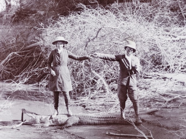 Husband and wife on a crocodile hunt. Sir Henry Staveley Lawrence, Collector of Karachi, holds