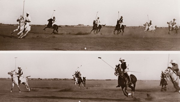 British officers play polo at Omdurman. A number of British military officers ride horses during a
