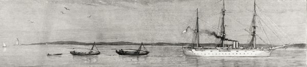 HMS Garnet comandeers illegal slave dhows. An illustration taken from the front page of 'The