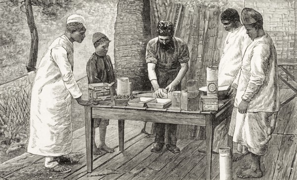 Teaching Malawian men to make bread. An illustration taken from a page of 'The Graphic' newspaper