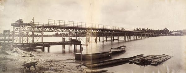 Construction of Nigerian Railways bridge. The construction of Denton Bridge at Lagos, a truss