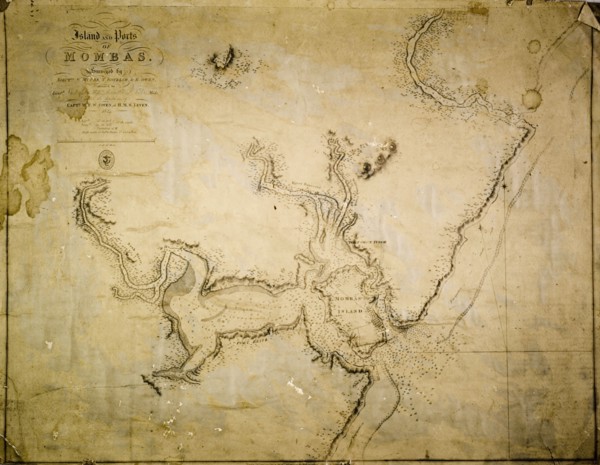 Map of Mombas Island, 1827. A map of the island and ports of Mombas (Mombasa), surveyed under the