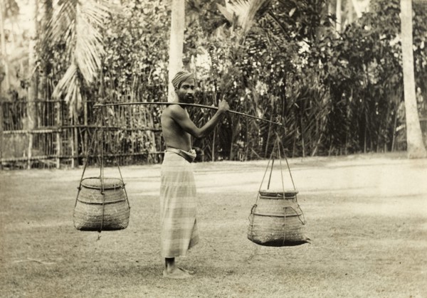 Ceylonian man with baskets. A Ceylonian man, possibly a snake charmer, carries two baskets on a
