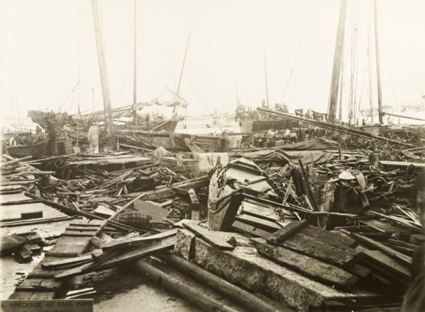 Typhoon devastation at East Point harbour. Devastation at East Point harbour, caused by a typhoon