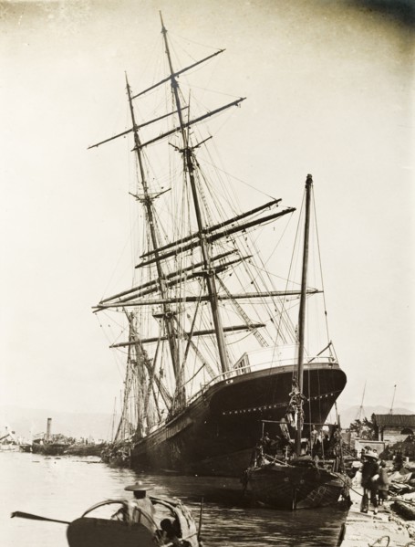 The 'Hitchcock' stricken by a typhoon. The 'Hitchcock', a large sailing ship, lies stricken on the