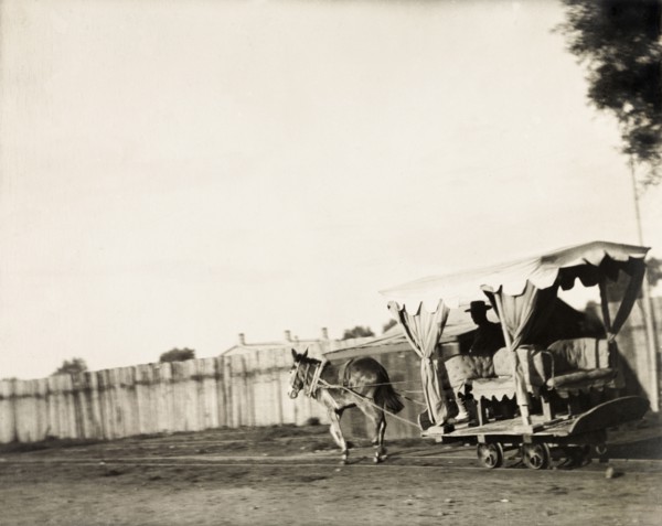 Mule trolley at Shan-hai Kwan. A mule pulls an open carriage along rails, providing transport to