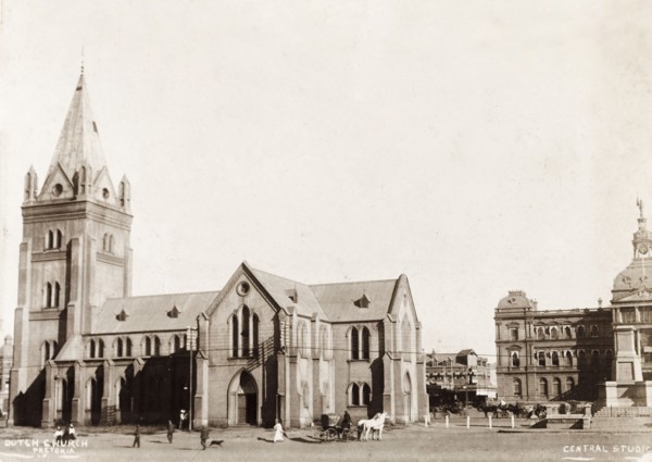 Dutch colonial church. Exterior view of a Dutch colonial church, with a square tower at the east