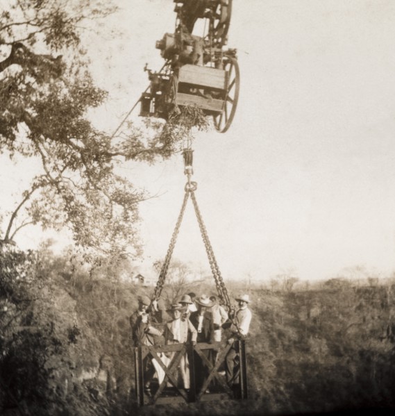 A cable system across the Zambezi gorge. A group of British passengers make the return journey
